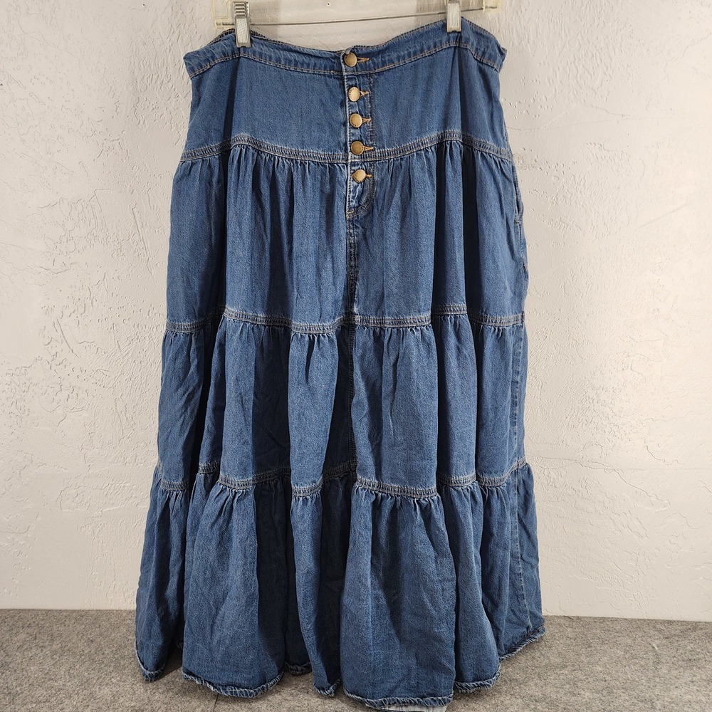 CIDER Blue Denim Tiered Maxi Skirt Boho Cottagecore Women 1XL